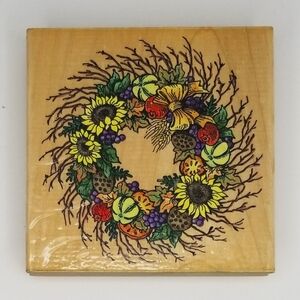 Stampendous Vintage 1997 "Harvest Wreath" Wooden Rubber Stamp